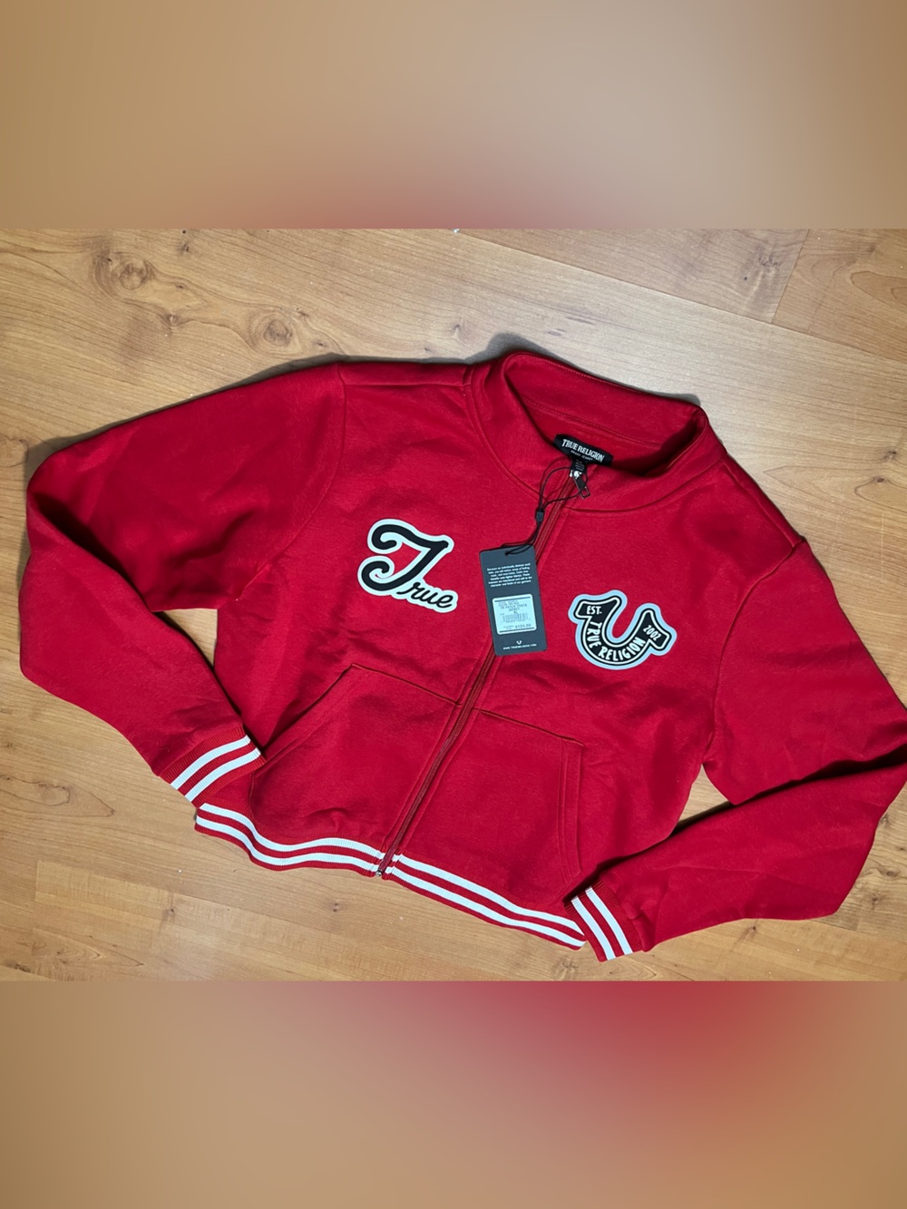 True Religion Red Cropped Varsity Zip Jacket with Patch Details